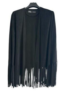 Zara Women's Black Fringe Lightweight Suede Jacket Size Large